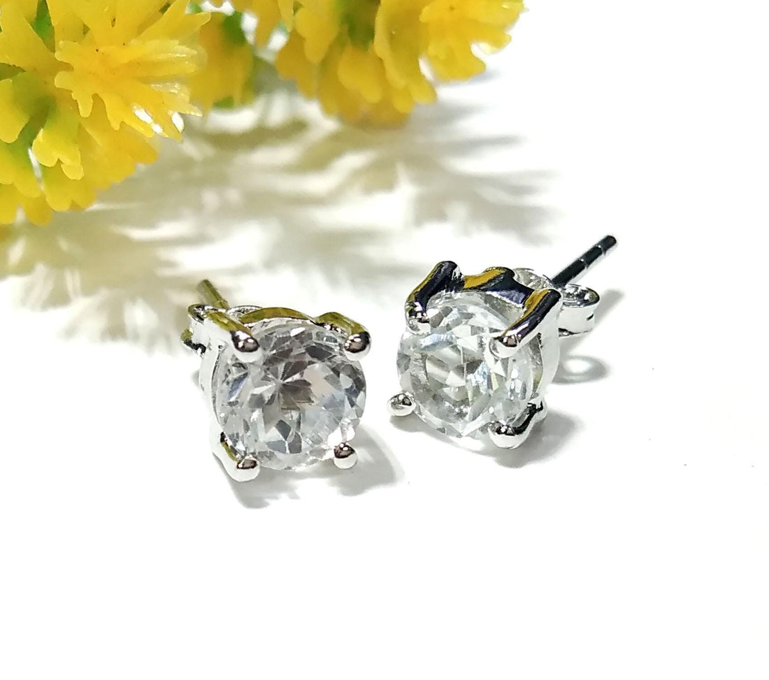 Round Crystal Quartz Studs Earrings, 925 Starling Silver Earring, Natural Crystal Quartz Stud Earrings, Screw Back/Push Back Earrings Gift