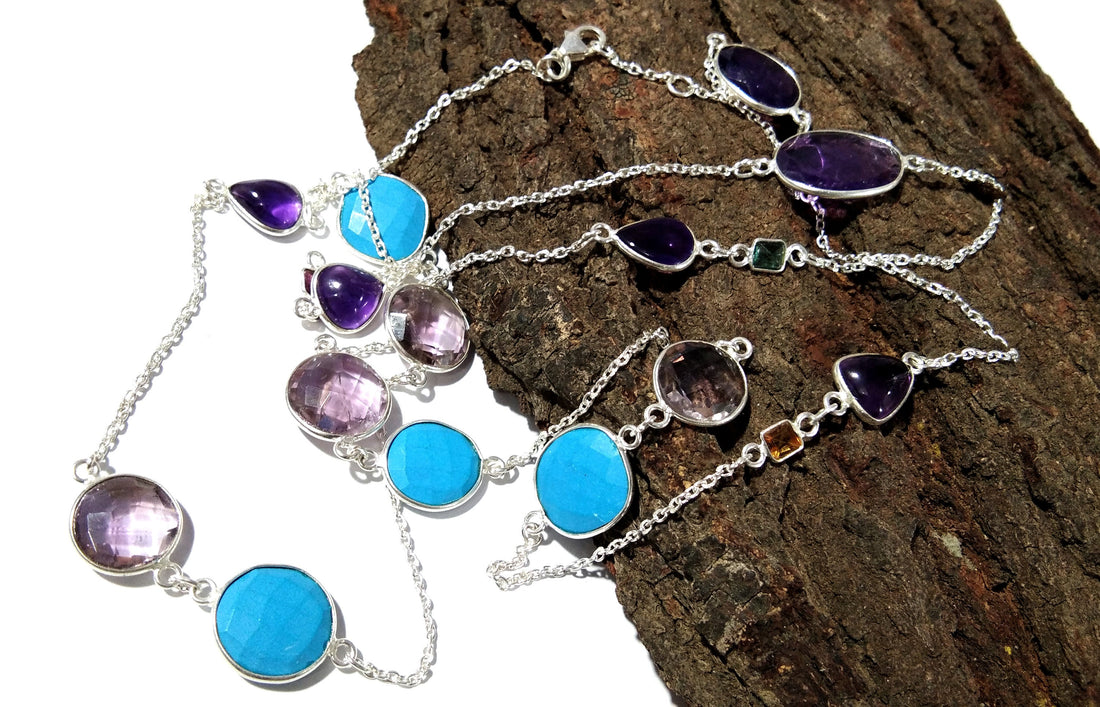36'' Log Necklace In 925 Silver, Multi Gemstone Log Chain Necklace, Handmade Making Bezel Necklace For Girls & Women.