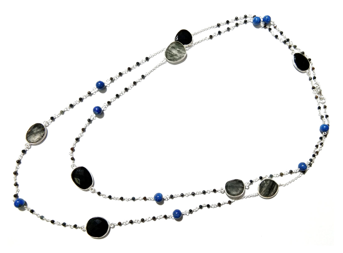 44'' Log Necklace ! Black Rutile Necklace With Lapis Lazuli & Black Onyx, 925 Sterling Silver Jewelry, Handmade Beaded Necklace.