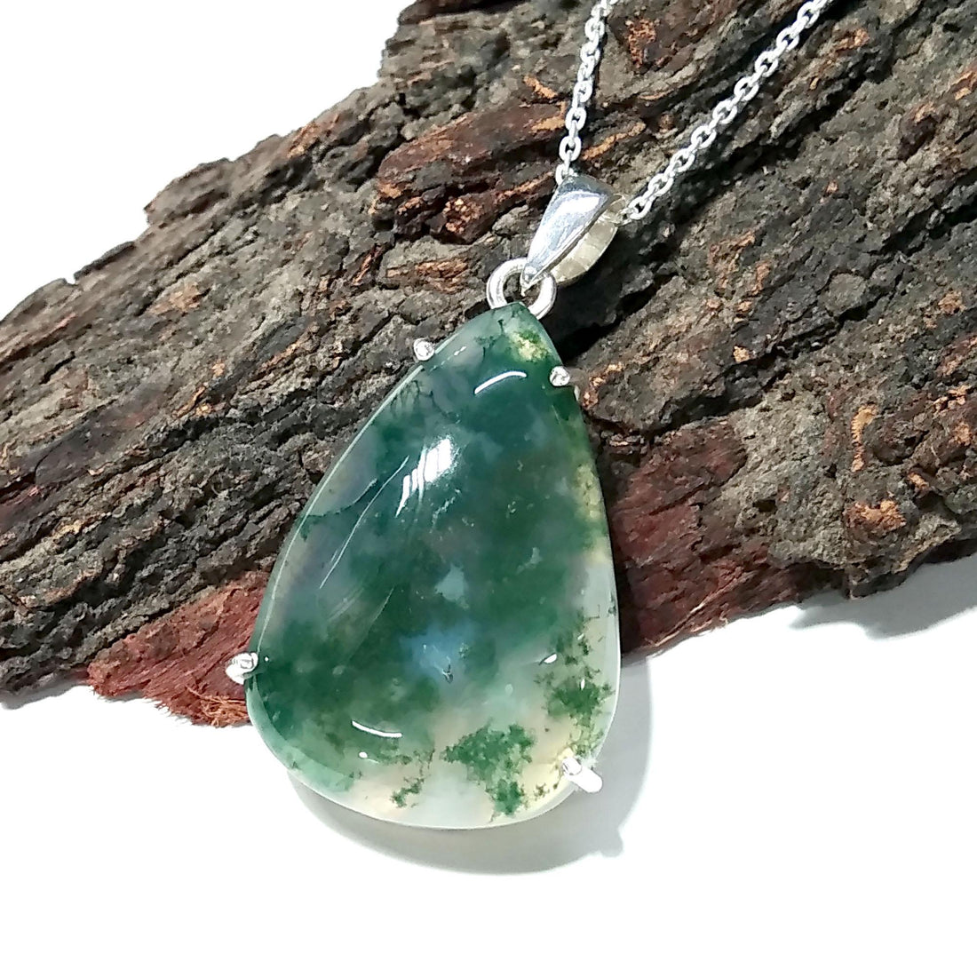 Natural Moss Agate Pendant Necklace, 925 Solid Sterling Silver Pendant, Amazing Design Gemstone Moss Agate Pendant Necklace, For Girls/Women
