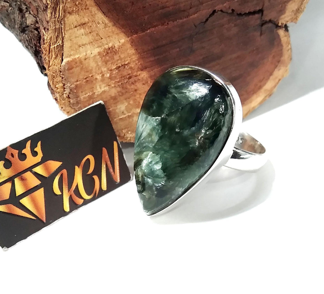 Natural Green Seraphinite Gemstone Ring, 925 Starling Silver Ring, A+++ Seraphinite Stone Size 26x16 mm Silver Handmade Ring, Gift Birthday