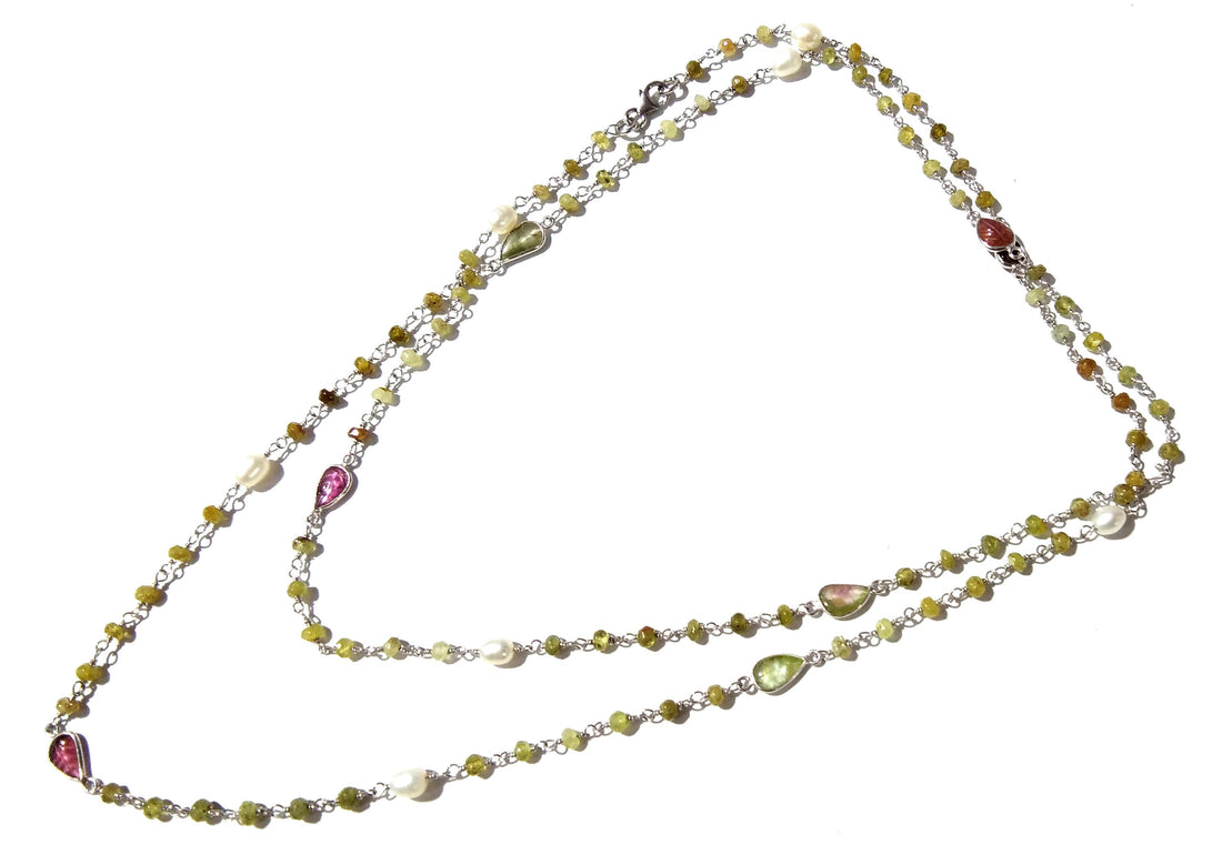 36'' Log Necklace ! Vessonite Necklace With Tourmaline & Pearl, 925 Sterling Silver Jewelry, Handmade Beaded Necklace, Gemstone Necklace.