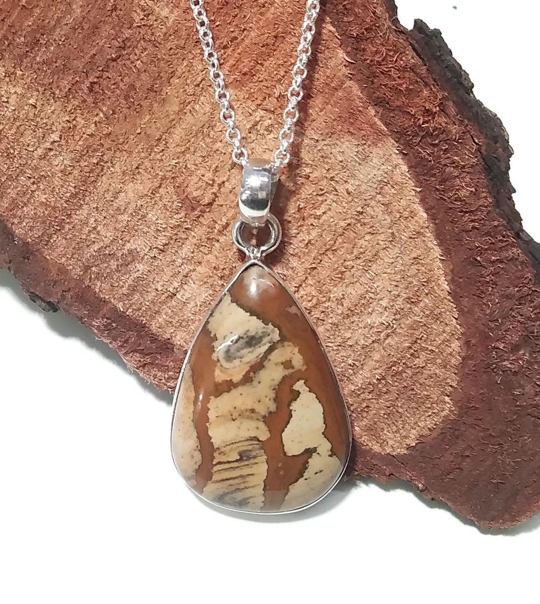 Natural Picture Jasper Gemstone Pendant, 925 Starling Silver Pendant Necklace Chain, Handmade Jewelry Stone Size 30x21mm Gift Pendant