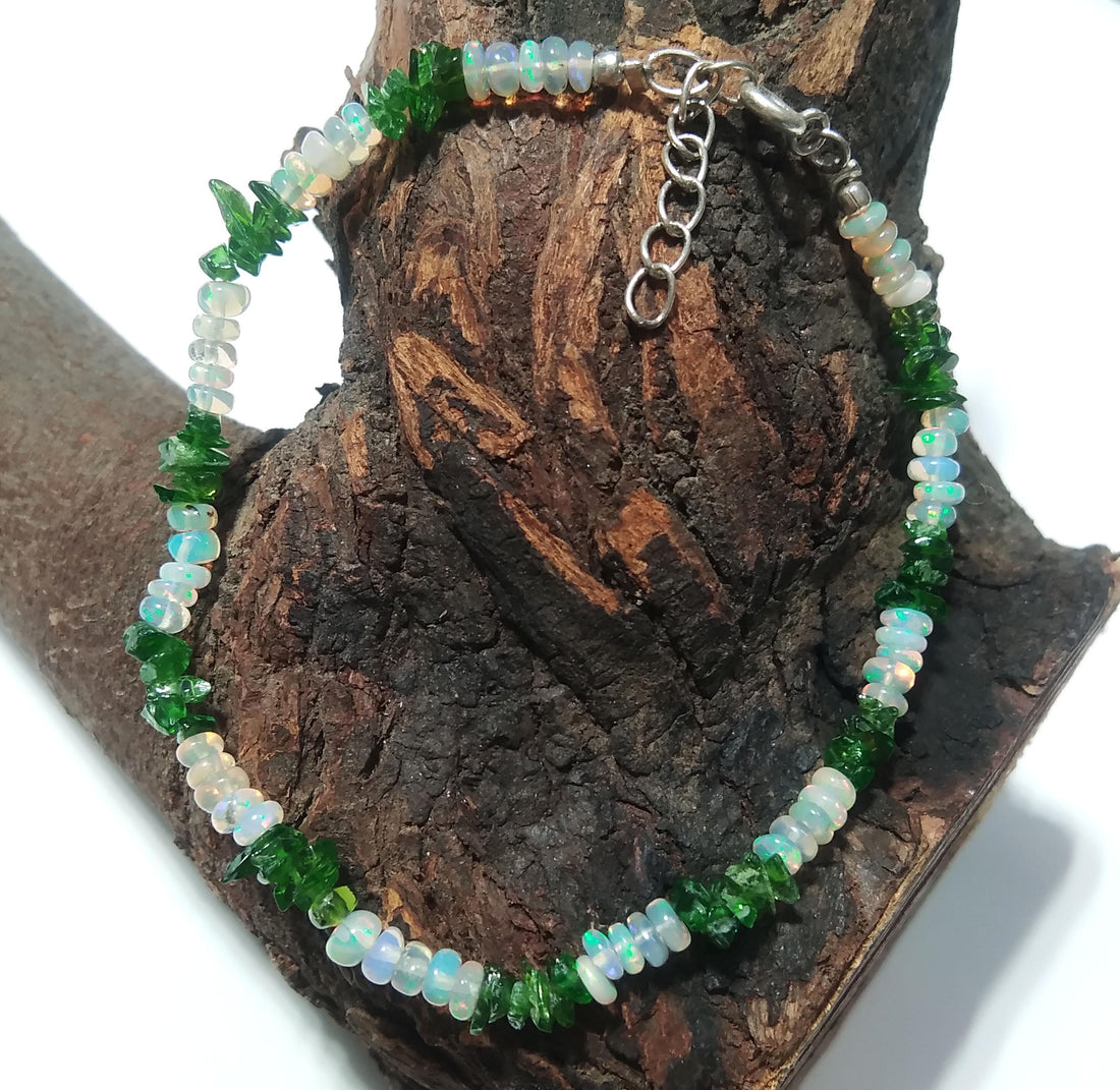 Natural Ethiopian Opal & Green Garnet Bracelet, Flashy Opal Gemstone Bracelet, December Birthstone Gift, Handmade Opal Jewelry, Gift For Her