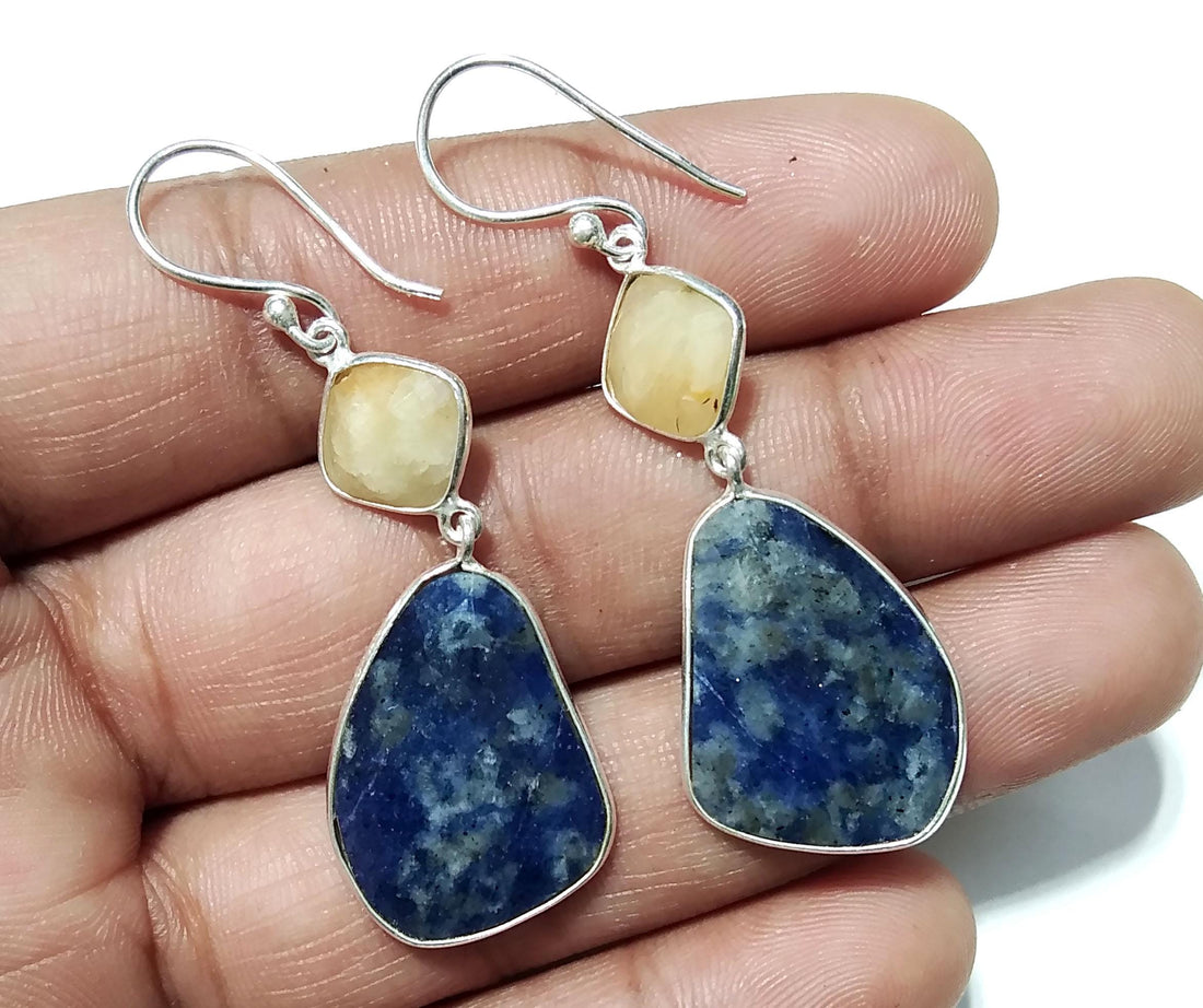 Very Nice Earring ! Yellow Sapphire & Blue Jade Natural Gemstone Earring, 925 Solid Starling Silver Jewelry, Handmade Bezel Earring For Gift