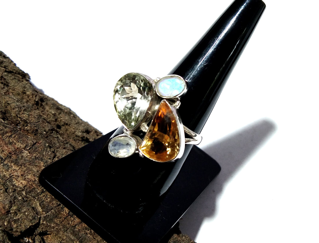 Green Amethyst, Citrine & Rainbow Moonstone Rings, 925 Sterling Silver Jewelry, Multi Natural Gemstone Ring, Handmade Jewelry