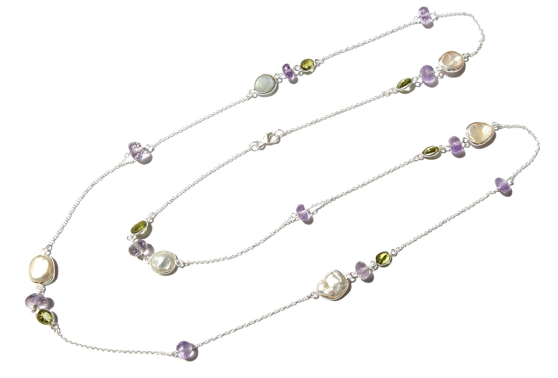 Beaded Log Necklace ! 925 Starling Silver With Natural Gemstone Peridot, Amethyst & Fresh Water Pearl Necklace, Beautiful Necklace For Women