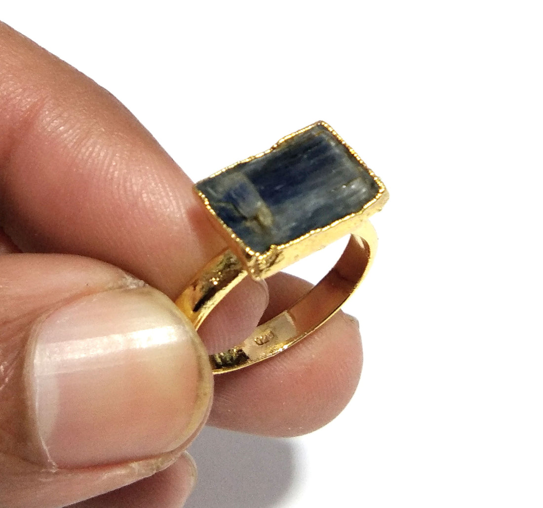 Natural Blue Kyanite Raw Stone Ring, Solid 925 Sterling Silver With Gold Plated Ring, Kyanite Stone Size 9x13mm Handmade Gift Statement Ring