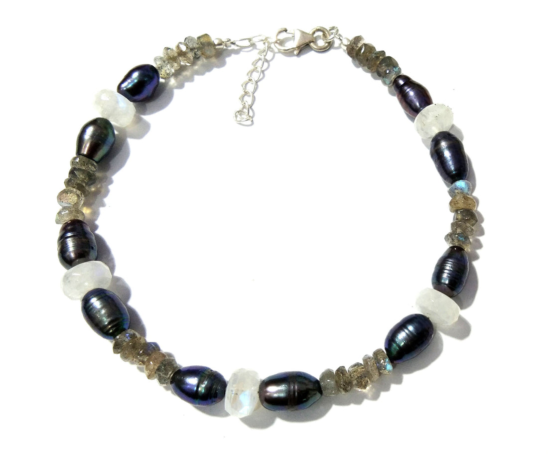 Labradorite-Rainbow Moonstone-Grey Pearl Bracelets In 925 Sterling Silver, Natural Handmade Making Gemstone Adjustable Bracelets Jewelry