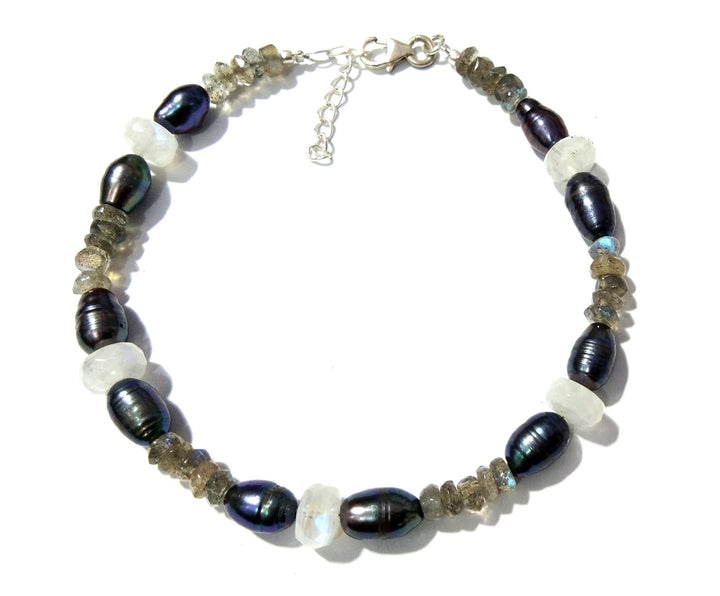 Labradorite-Rainbow Moonstone-Grey Pearl Bracelets In 925 Sterling Silver, Natural Handmade Making Gemstone Adjustable Bracelets Jewelry