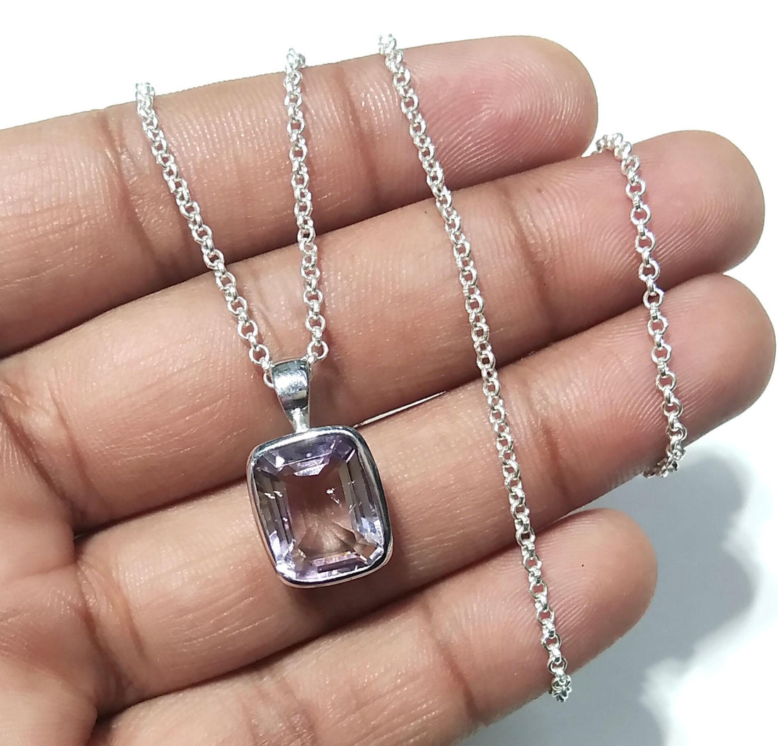 Amethyst Gemstone Pendant, 925 Starling Silver Pendant Necklace Chain, Amethyst Pendant, Handmade Jewelry Stone Size 13x10mm Gift Pendant
