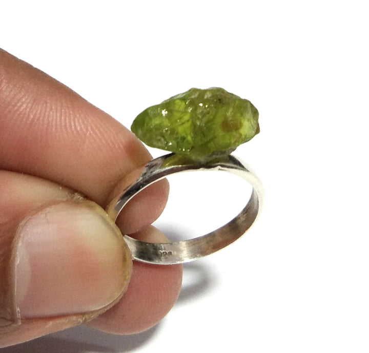 Raw Peridot Ring, Natural Rough Peridot Ring, 925 Solid Sterling Silver Ring, Green Color Peridot Stone Size 15x8 mm Gift Wedding Ring