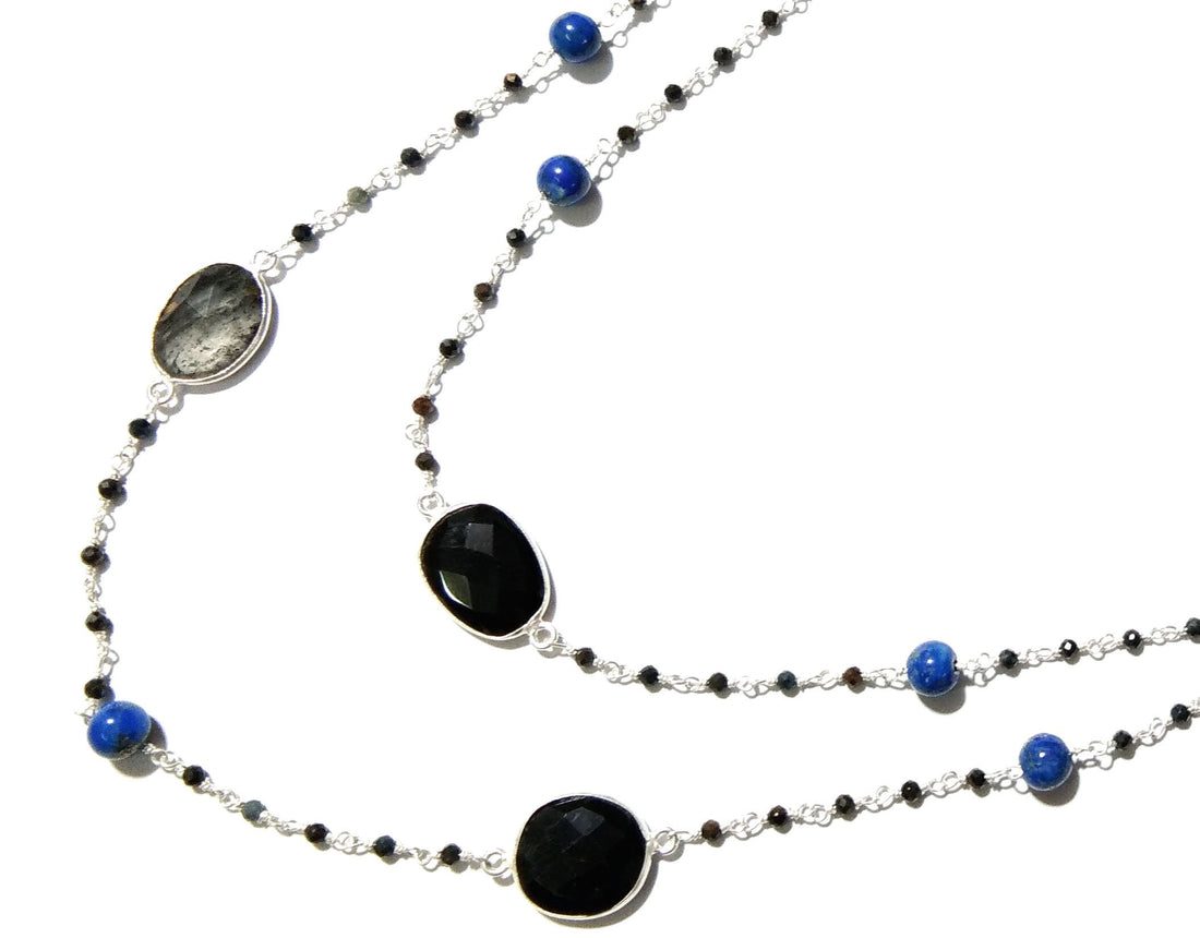 44'' Log Necklace ! Black Rutile Necklace With Lapis Lazuli & Black Onyx, 925 Sterling Silver Jewelry, Handmade Beaded Necklace.
