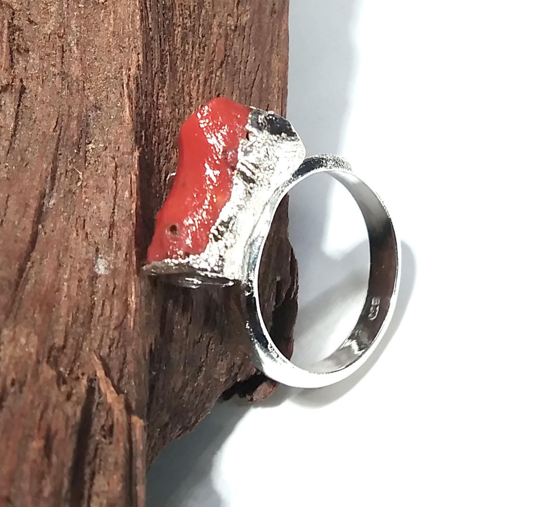 Red Coral Ring, Natural Rough Gemstone Ring, 925 Solid Sterling Silver Ring, Red Coral Stone Size 13x7mm Handmade Ring Gift Wedding Ring