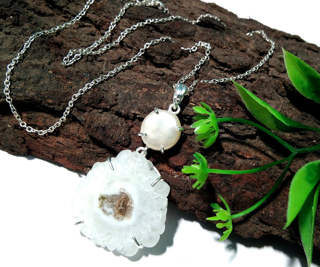 Wonderful Solar Quartz/Pearl Gemstone Pendant Chain Necklace, 925 Sterling Silver Fancy Shape Handmade Pendant Gift Easter Pendant Necklace