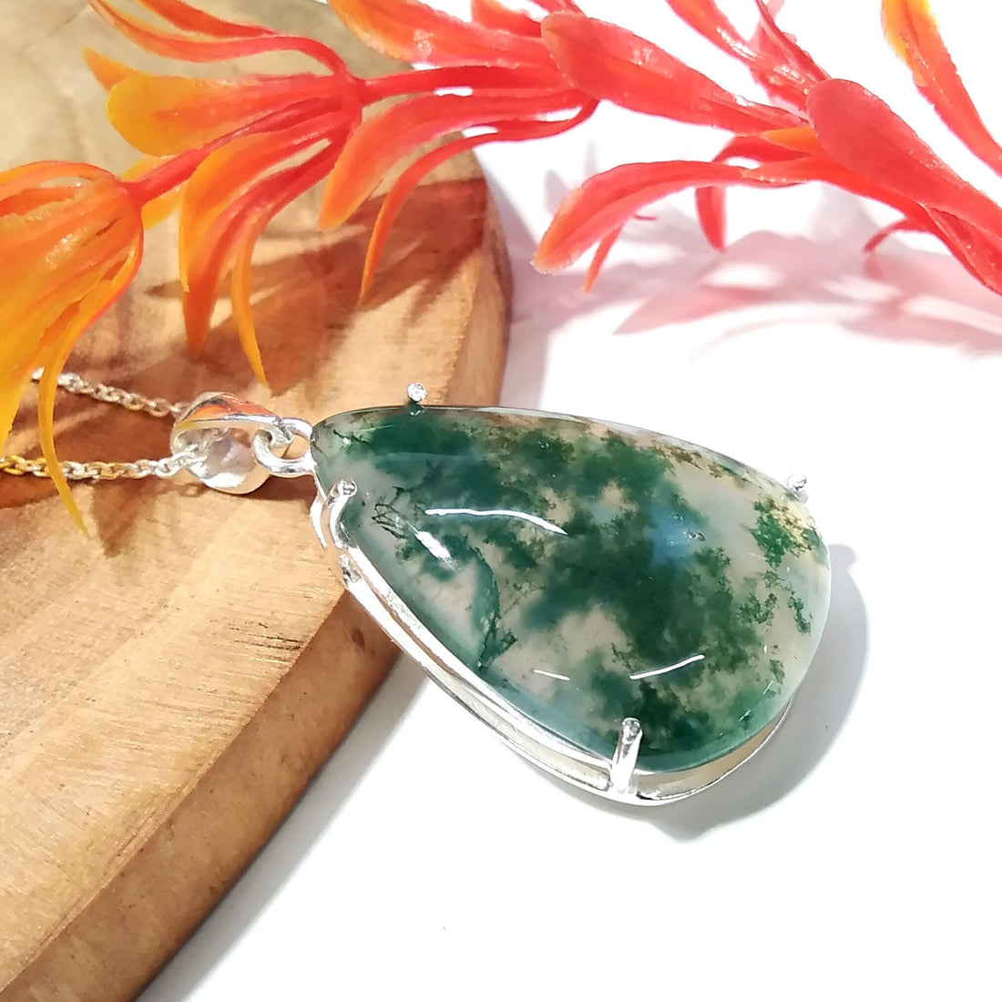 Natural Moss Agate Pendant Necklace, 925 Solid Sterling Silver Pendant, Amazing Design Gemstone Moss Agate Pendant Necklace, For Girls/Women