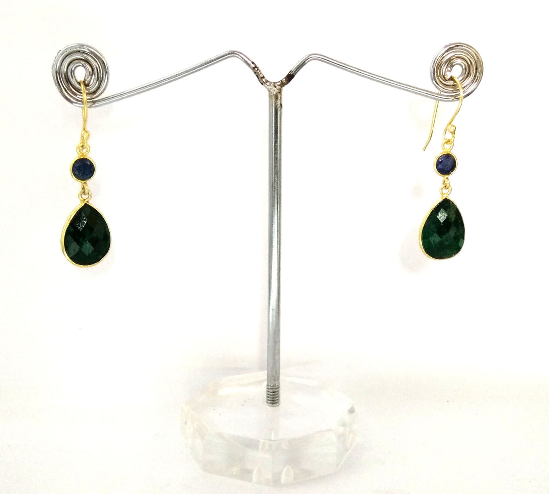 925 Sterling Silver Earring, Natural Emerald & Blue Sapphire With Gold Plated Earring, Beautiful Bezel Earring, For Girls/Women Gift