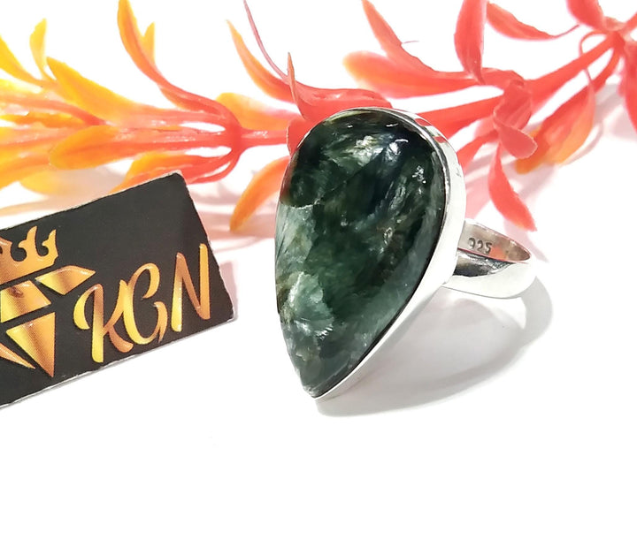 Natural Green Seraphinite Gemstone Ring, 925 Starling Silver Ring, A+++ Seraphinite Stone Size 26x16 mm Silver Handmade Ring, Gift Birthday