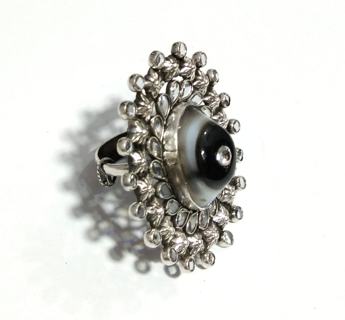 Natural Black Banded Agate, White Zircon Stone Ring, 925 Solid Starling Silver Black Plated Ring, Zircon Handmade Ring, Gift Engagement Ring