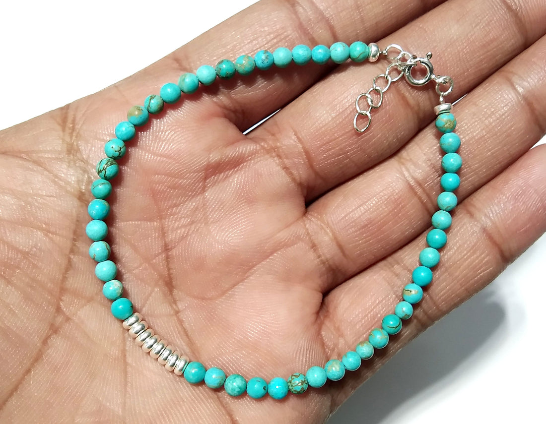 Natural Turquoise Gemstone Bracelet, Solid 925 Silver Wristlet Beaded Bracelet, Healing Crystal Beaded Bracelet, Men & Women Round Bracelet