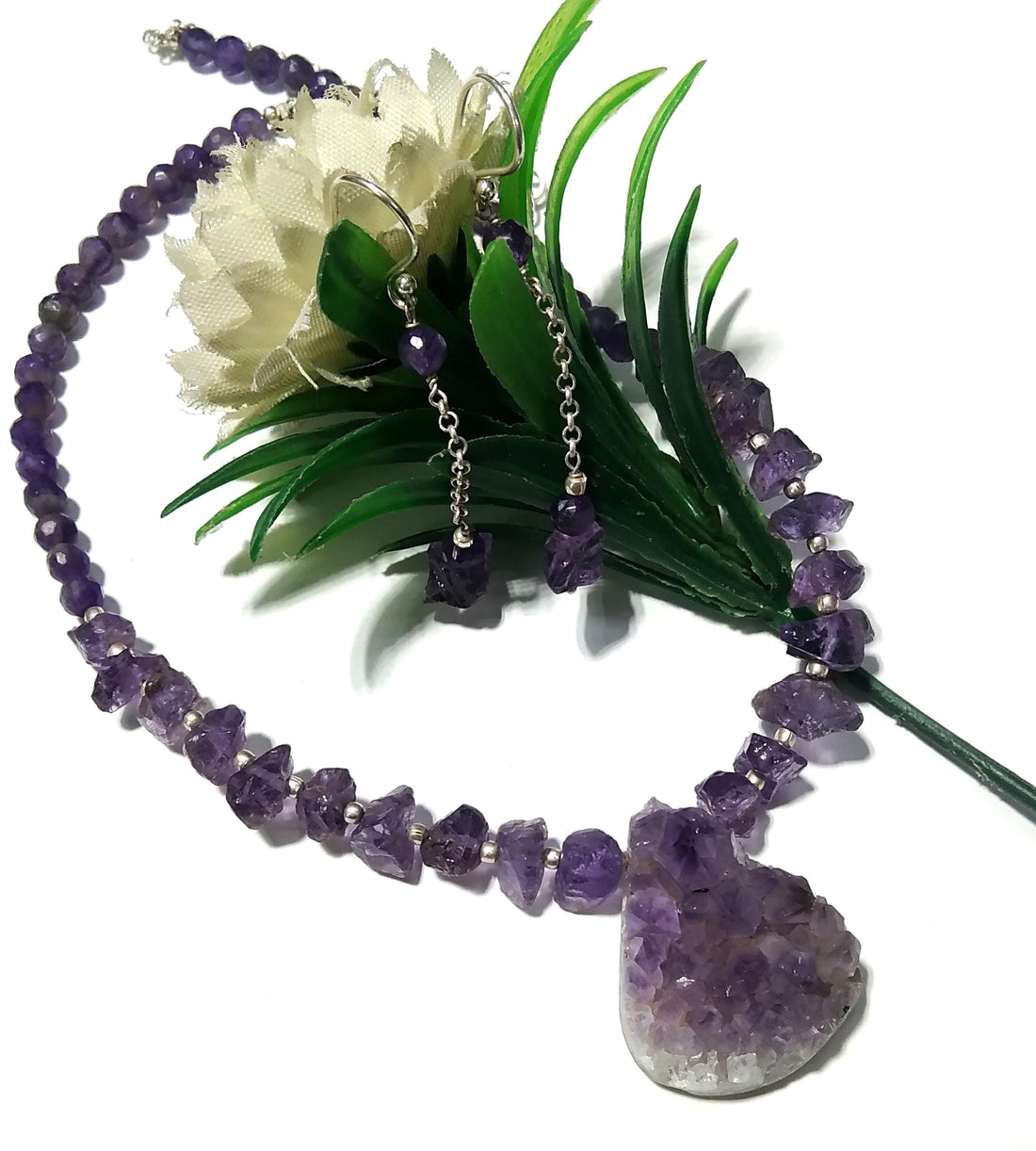 Amethyst Druzy Stone Rough Beads Necklace & Earrings Jewelry Set, 925 Sterling Silver Necklace Beaded Necklace Statement Jewelry