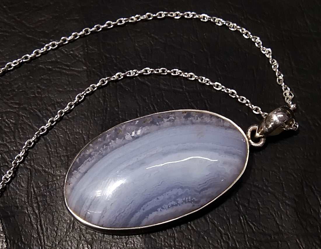 Natural Blue Lace Agate Gemstone Pendant, 925 Starling Silver Pendant Chain Necklace, Handmade Jewelry Stone Size 37x21 mm Gift Pendant