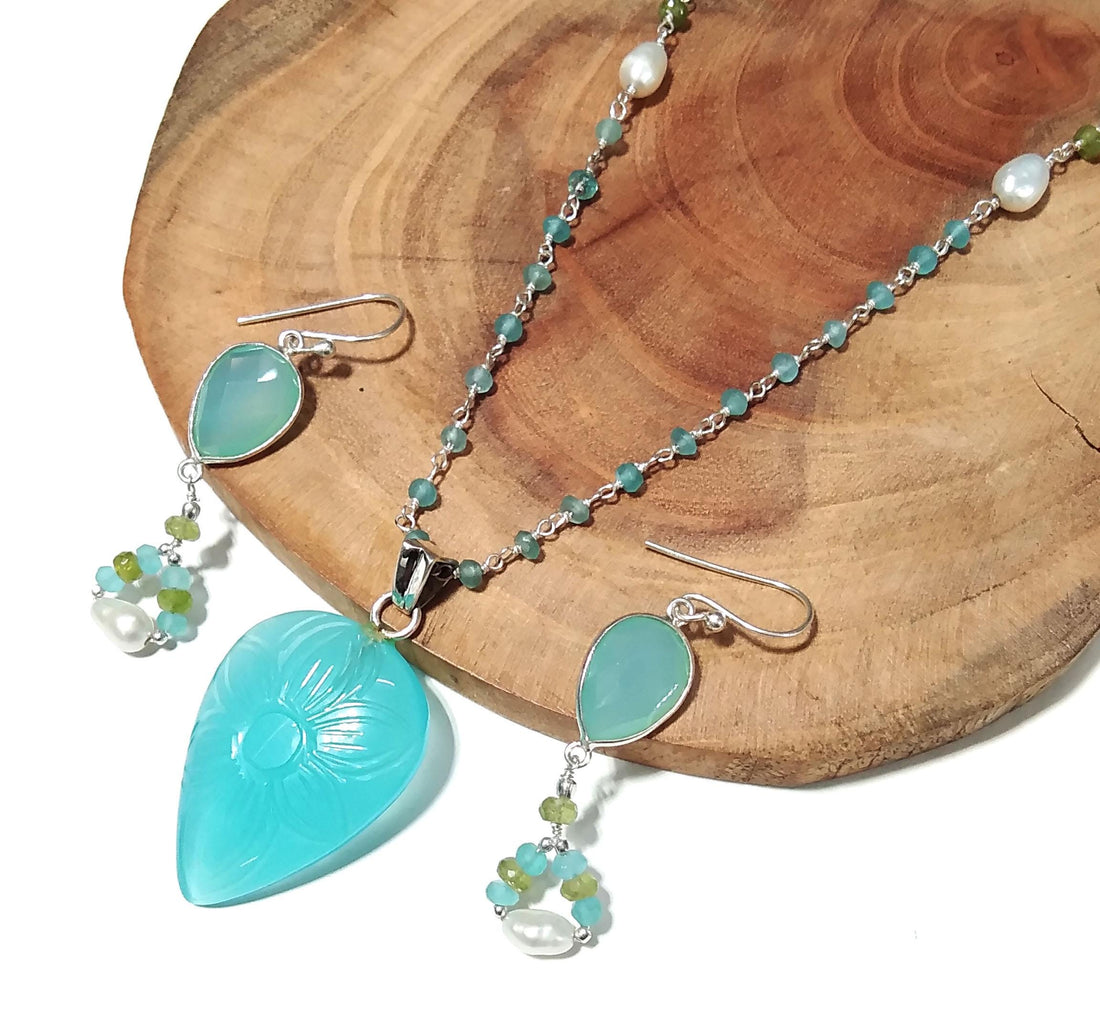 Aqua Calcy Carving Gemstone Earrings And Necklace Jewelry Set, 925 Sterling Silver Jewelry Necklace, Handmade Necklace Gift For Girls/Women