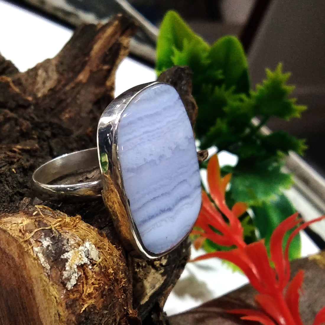 Natural Blue Lace Agate Gemstone Ring, 925 Solid Starling Silver Ring, Jewelry Stone Size 27x24mm Statement Ring, Gift Birthday Ring Jewelry
