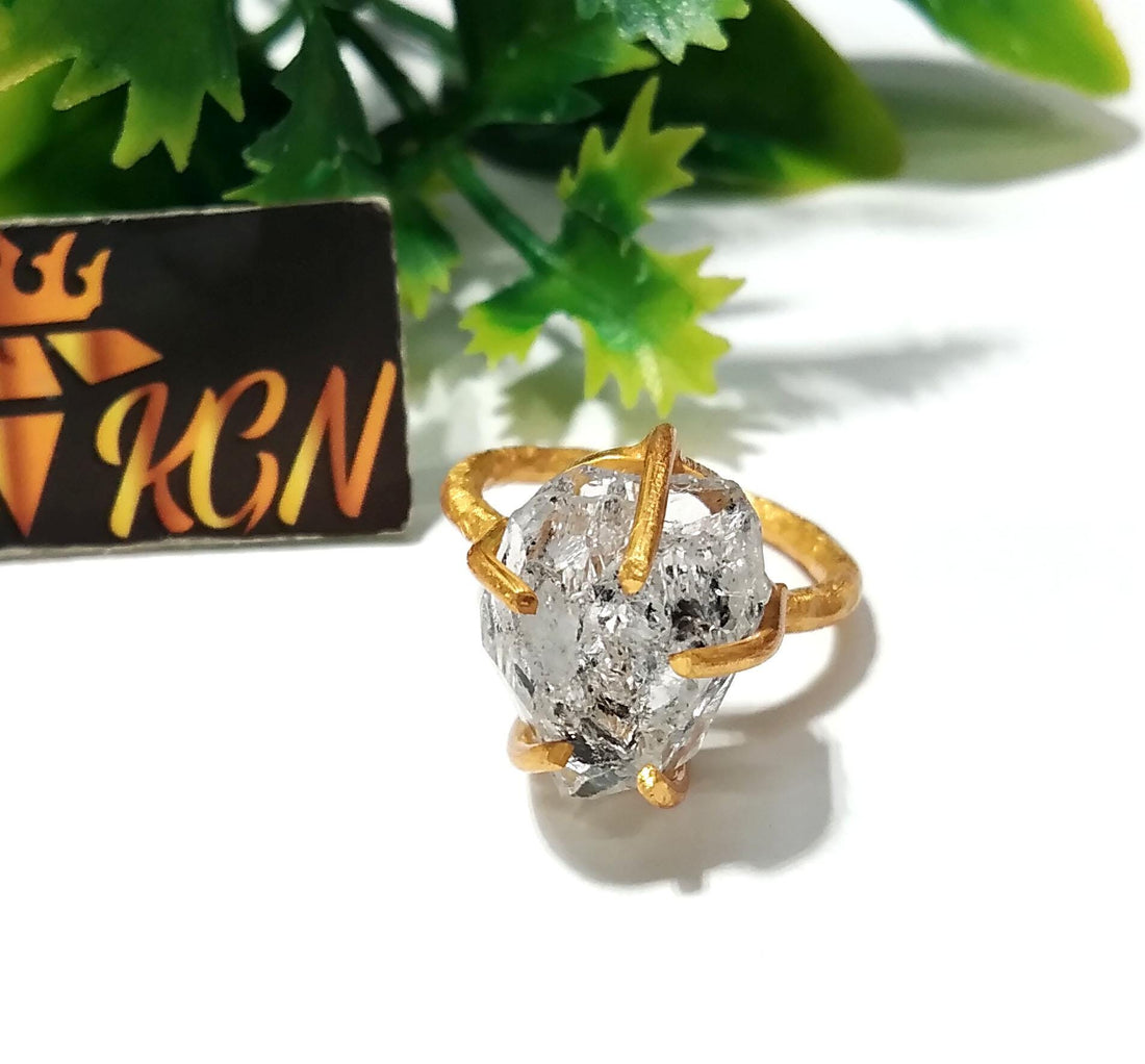Herkimer Diamond Ring, Raw Herkimer Diamond Ring, 925 Sterling Silver Gold Plated Ring, Nice Design Good Making Gift Ring, For Men & Women.