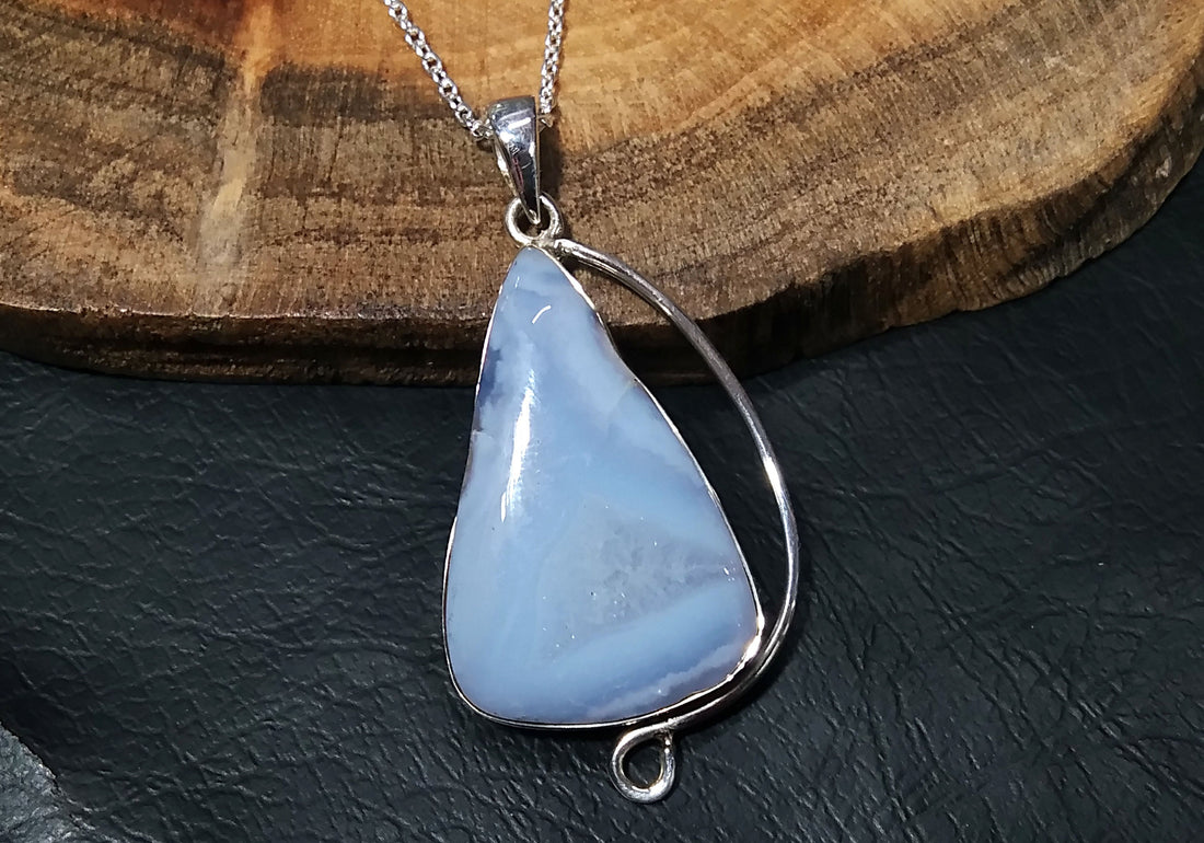 Natural Blue Lace Agate Gemstone Pendant Chain Necklace, 925 Sterling Silver Pendant, Silver Designer Handmade Pendant, Gift Birthday Stone