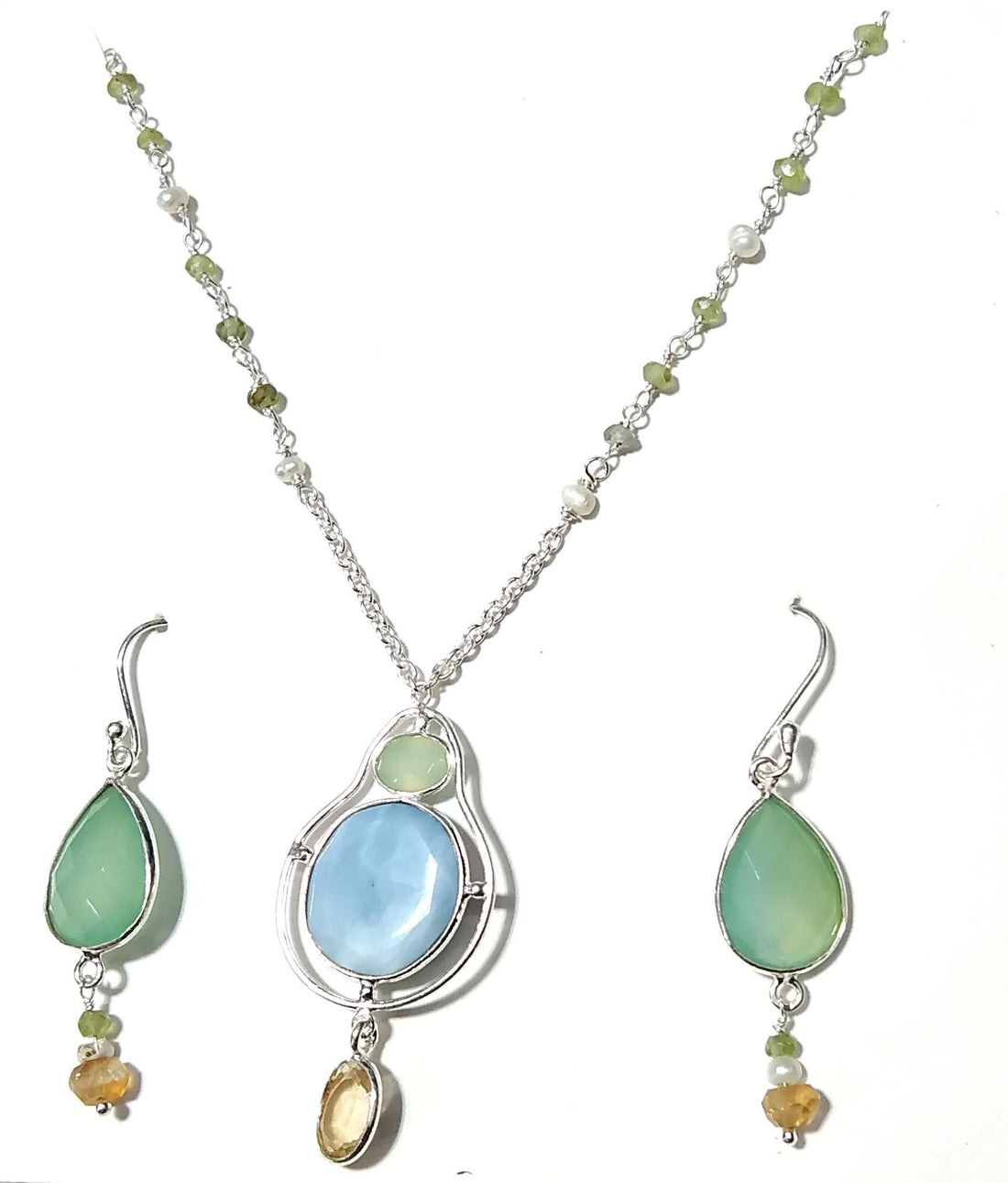 Natural Blue Opal,Chrysoprase,Citrine Gemstone Necklace Earring Jewelry Set, 925 Sterling Silver Necklace Earring Jewelry, Gift For Women.