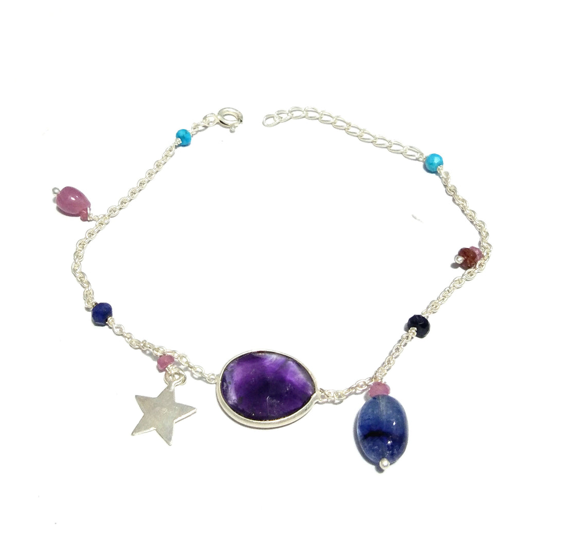 Natural Amethyst/Blue kyanite Stone Star Chain Bracelet, 925 Sterling Silver Chain Bracelet, Minimalist Bracelet Gift Valentine day Bracelet