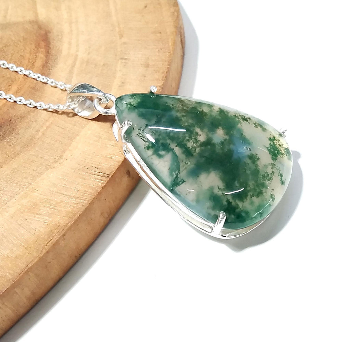 Natural Moss Agate Pendant Necklace, 925 Solid Sterling Silver Pendant, Amazing Design Gemstone Moss Agate Pendant Necklace, For Girls/Women