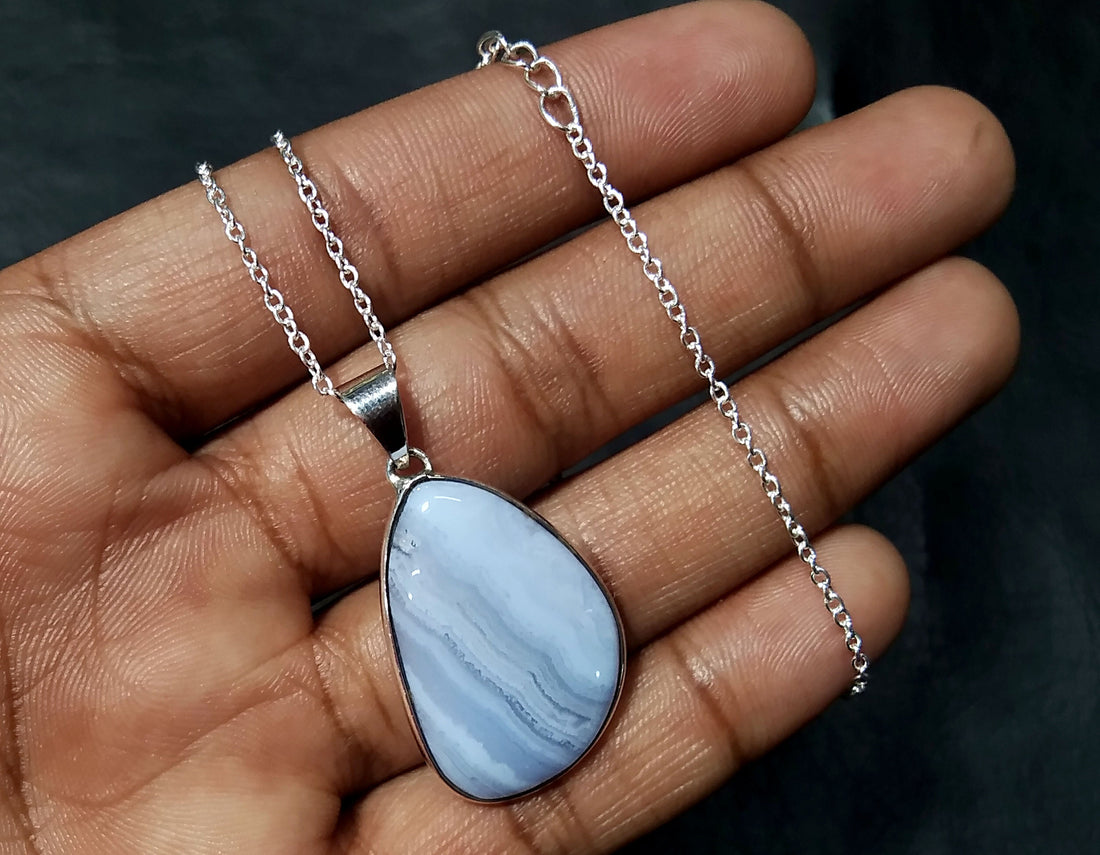 Blue Lace Agate Gemstone Pendant, Solid 925 Sterling Silver Handmade Jewelry, Blue Lace Agate Pendant Chain Necklace, Gift For Girls & Women