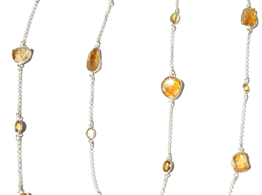 Beautiful Log Chain Necklace Natural Citrine Faceted & Rough Stone Bezel Necklace Chain 925 Starling Silver Chain Necklace Length 36 inche