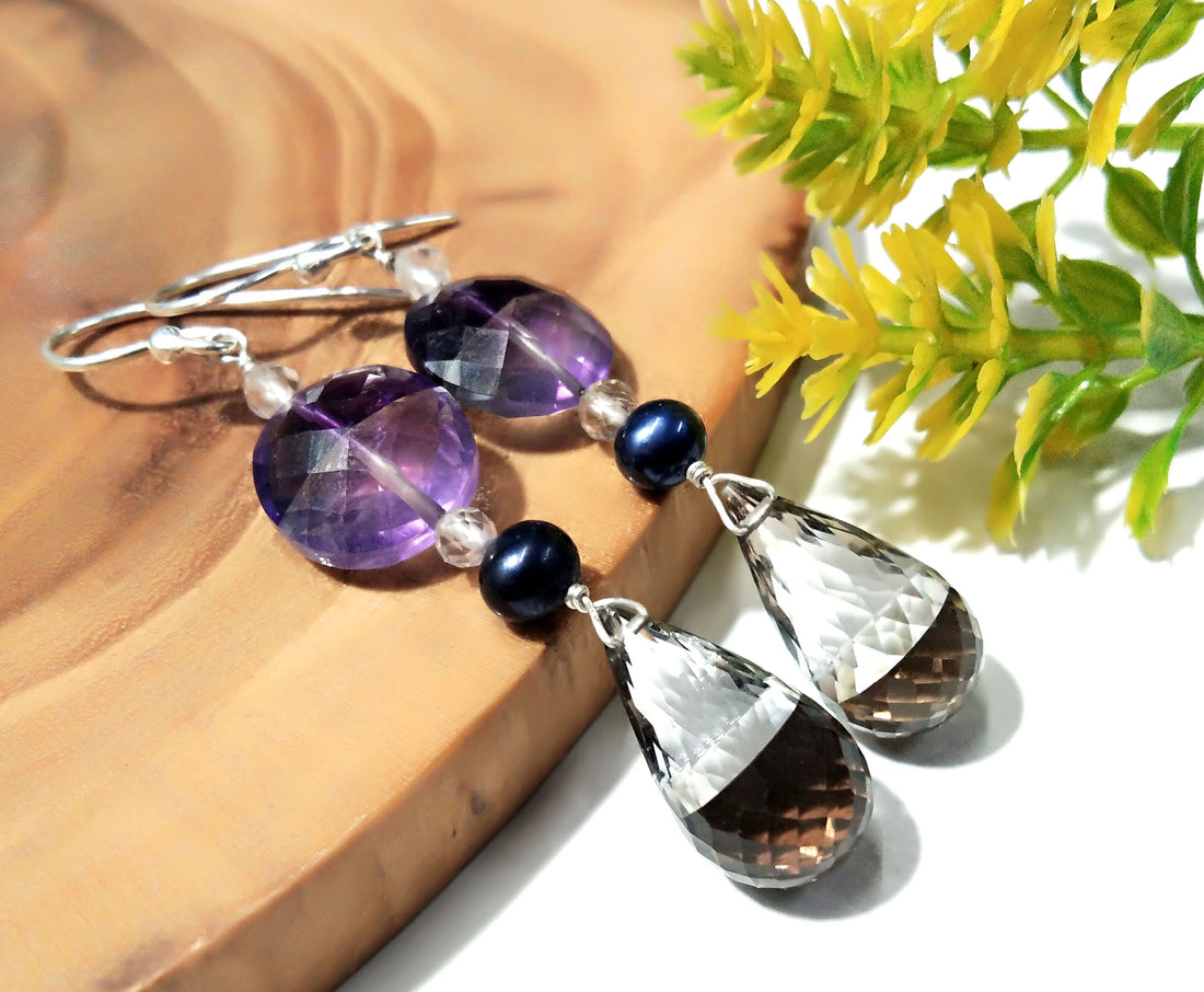 Very Fine Quality Amazing Color Natural Doublet Gemstone Amethyst, Crystal & Smoky Quartz With 925 Silver Multi Earring For Girls/Women Gift