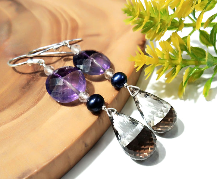Very Fine Quality Amazing Color Natural Doublet Gemstone Amethyst, Crystal & Smoky Quartz With 925 Silver Multi Earring For Girls/Women Gift