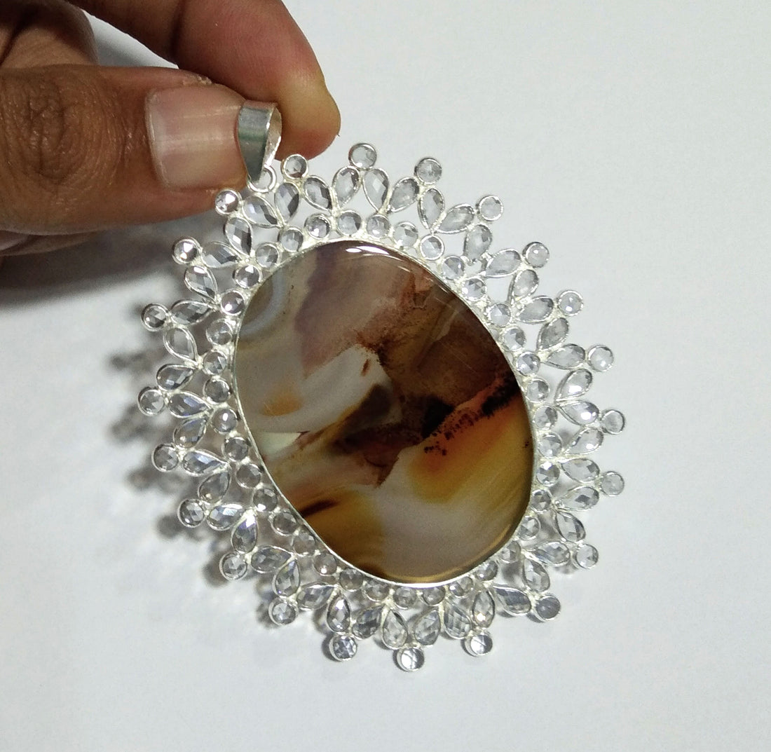Natural Montana Agate, White Zircon Stone Pendant, 925 Solid Starling Silver Pendant, Stone Size 45x33mm For Gift Halloween day Sale Pendant