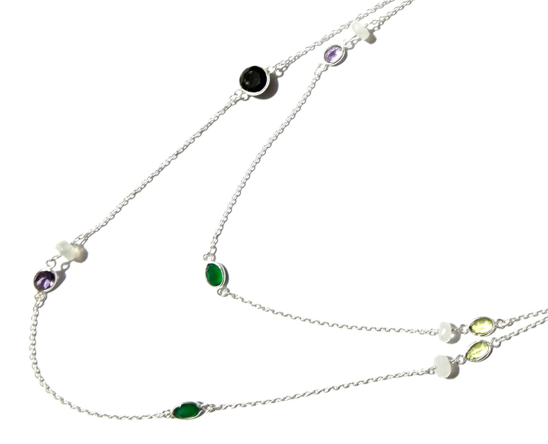 Beautiful Nice Multi Stone Beaded Log Necklace ! Natural Gemstone With 925 Starling Silver Necklace For Girls,Women Necklace Length 36 inch.