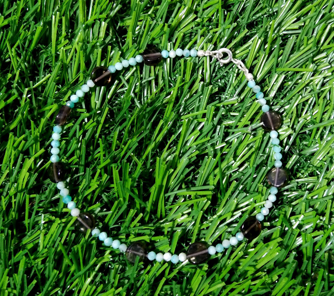 925 Silver Bracelet, With Natural Amazonite & Smoky Quartz Bracelet, Gifts For Her, Boho Dainty Minimalist, Women Bracelet, Tiny Bracelet