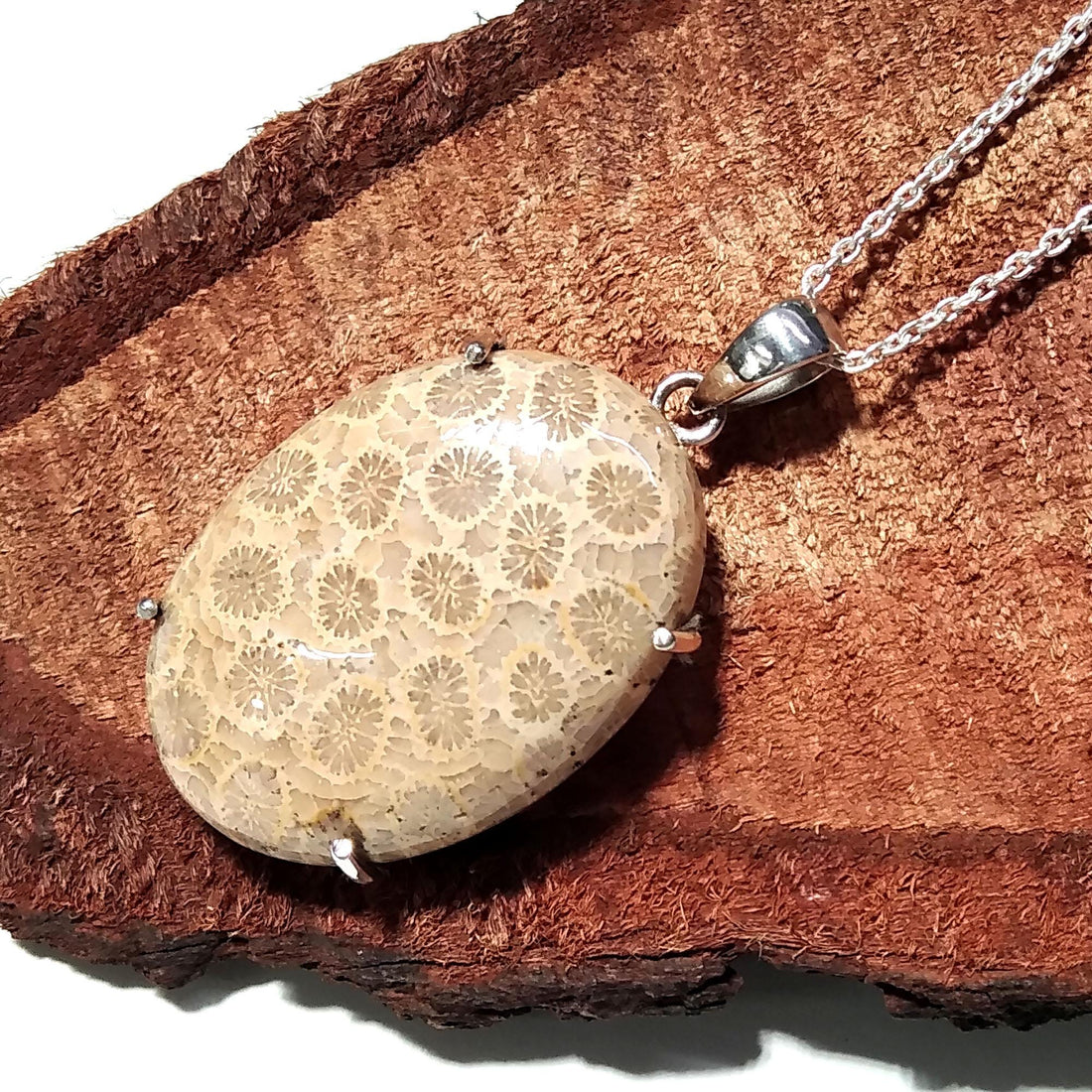Natural Fossil Coral Gemstone Pendant, 925 Starling Silver Pendant Chain Necklace, Handmade Stone Size 32x23 mm Gift Birthstone Pendant