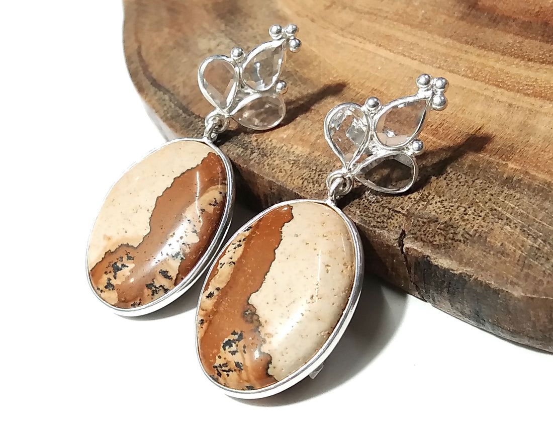 White Zircon & Picture Jasper Earrings, 925 Silver With Natural Gemstone Zircon Faceted And Picture Jasper Earring, For Girls/Women.