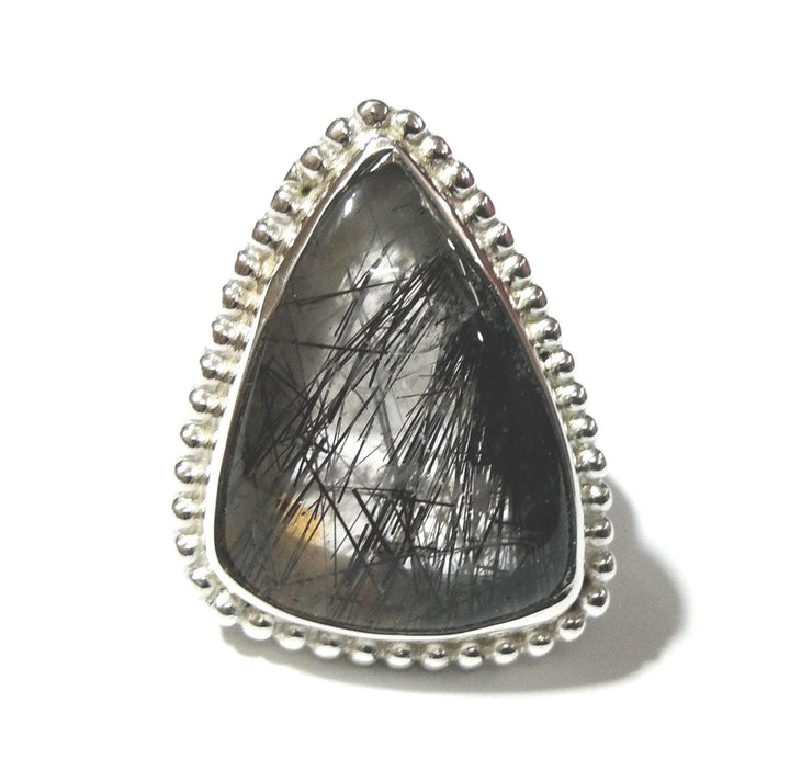 AAA+ Gemstone Black Rutile Quartz Cabochon Rings ! 925 Starling Silver Jewelry, Natural Stone Black Rutile Ring, Crystal Ring For Women Gift