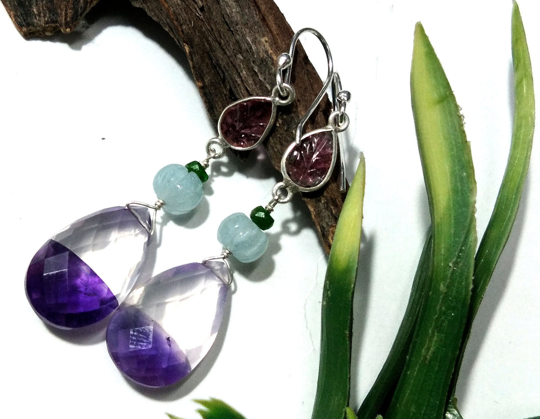 Amazing Natural Doublet Light & Dark Amethyst, Aquamarine, Tourmaline Mix Gemstone Earring, 925 Sterling Silver Jewelry For Girls/Women Gift