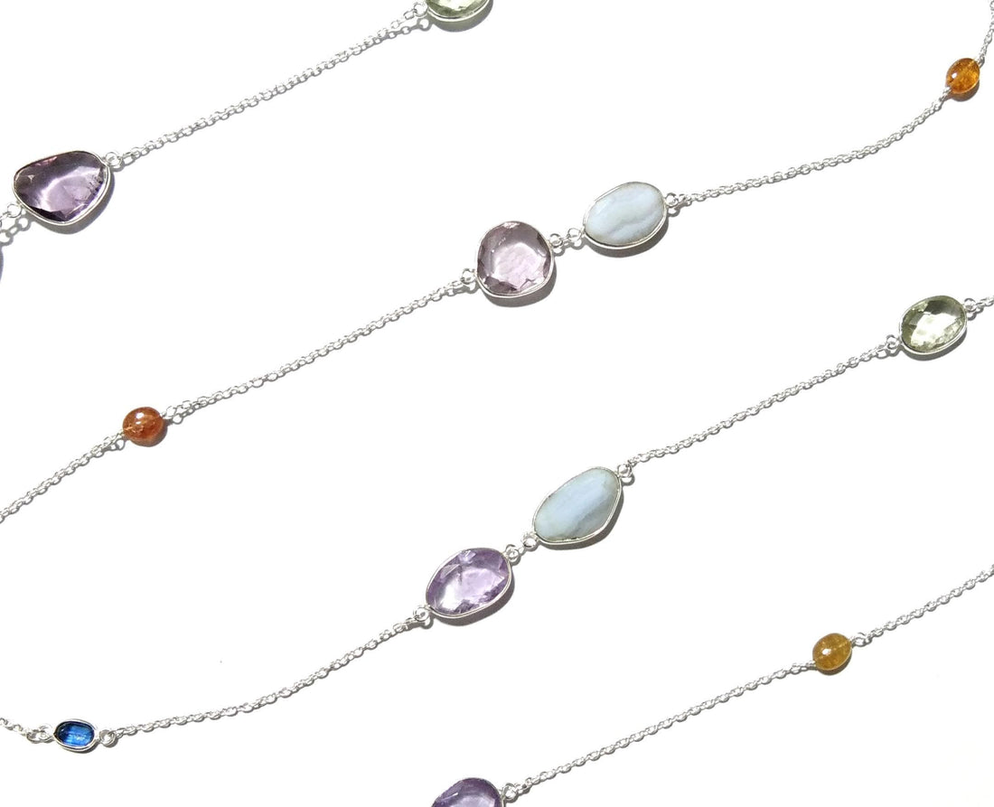 42'' Log Chain Bezel Necklace ! ALL Natural Gemstone Kyanite, Tourmaline, Amethyst & Blue Lace Necklace, 925 Solid Sterling Silver Jewelry.
