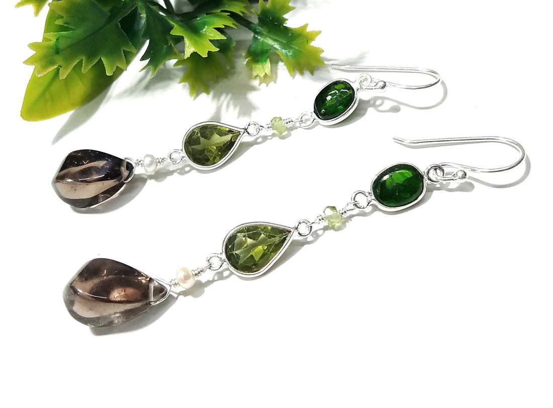Natural Green Tourmaline/Peridot And Smoky Quartz Stone Earring, 925 Starling Silver Earring Handmade Making Jewelry Earring, Gift For Women