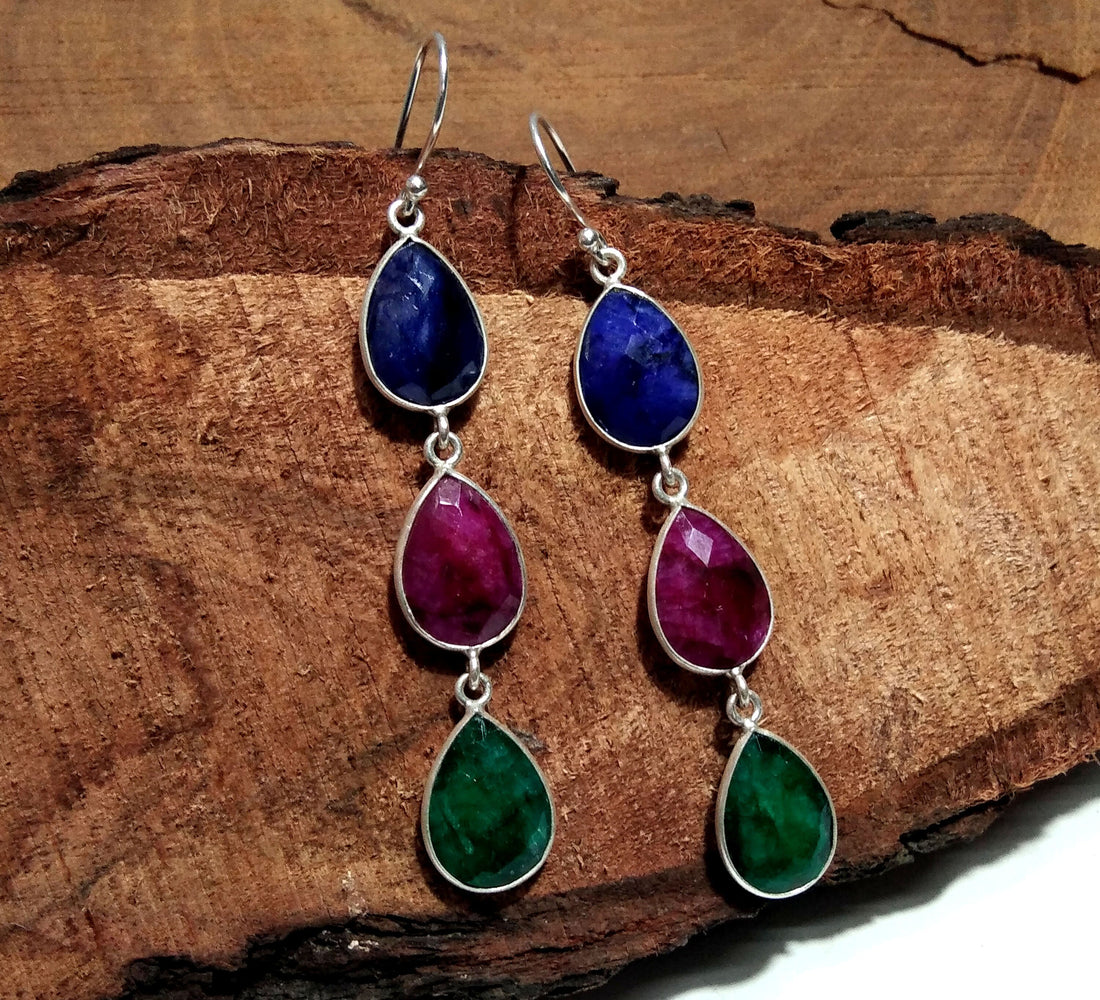 Natural Emerald, Red Ruby, Blue Sapphire Stone Drop Earring, 925 Solid Starling Silver Earring Gemstone, Gift Wedding Earring Jewelry