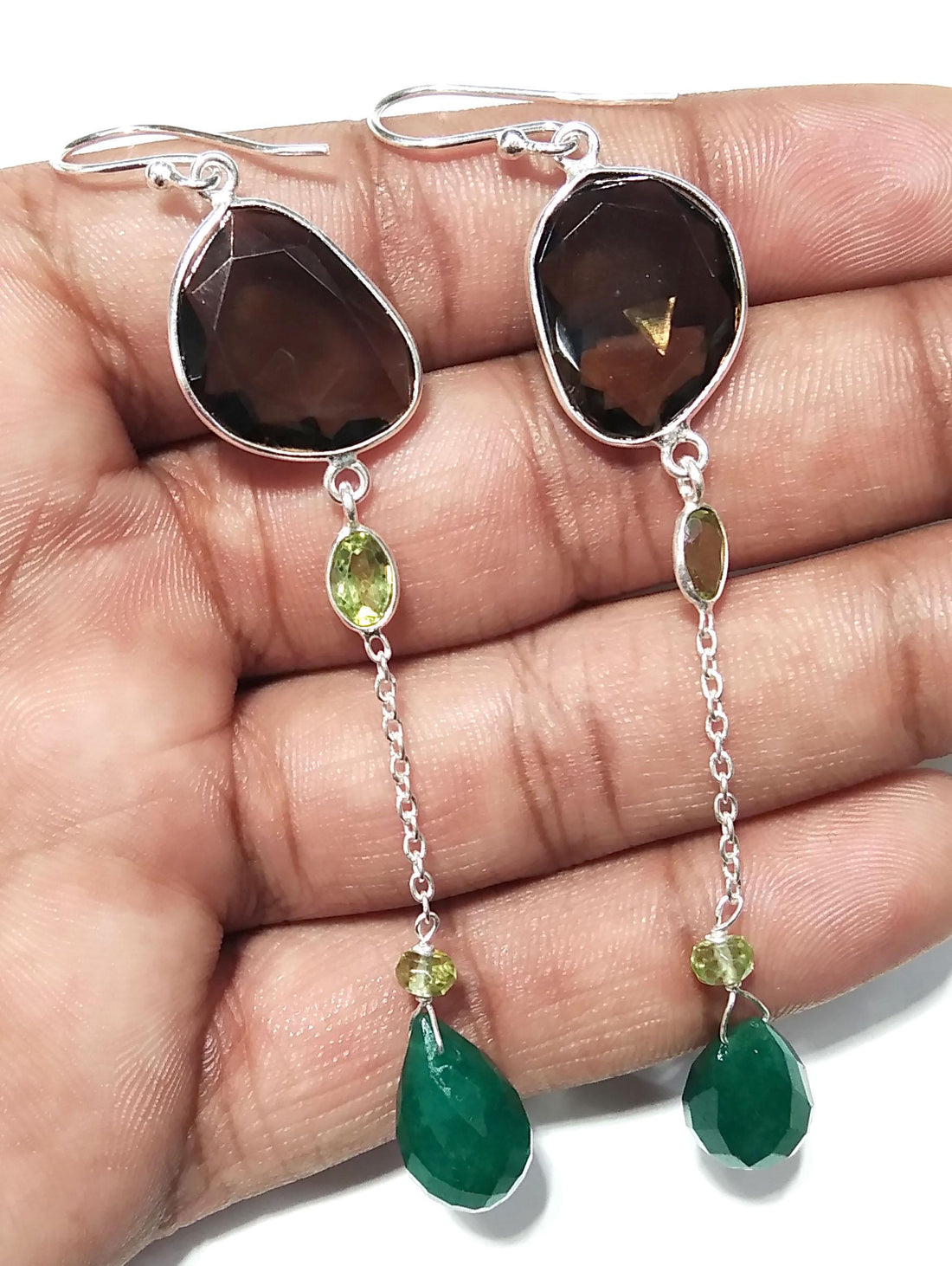 Solid 925 Starling Silver Earrings, Natural Green Jade, Peridot & Smoky Quartz Gemstone Earring, Handmade Earring Jewelry Gift For Women