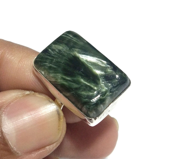 Natural Green Seraphinite Gemstone Ring, 925 Solid Sterling Silver Ring, Seraphinite Stone Size 21x14 mm Handmade Ring, Gift Promise Ring