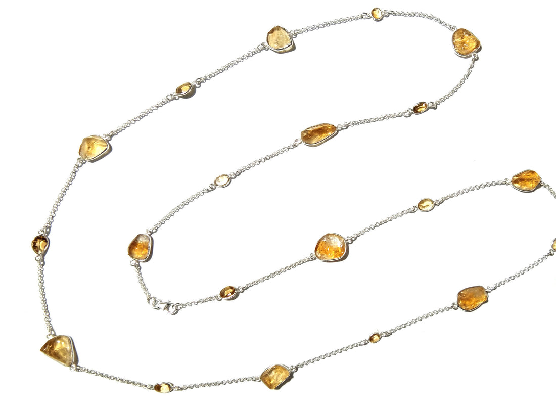 Beautiful Log Chain Necklace Natural Citrine Faceted & Rough Stone Bezel Necklace Chain 925 Starling Silver Chain Necklace Length 36 inche